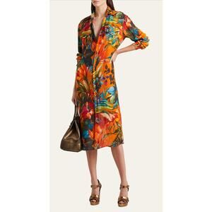 Ralph Lauren Purple Label Seneca Tropical Print Linen Midi Dress Womens Medium